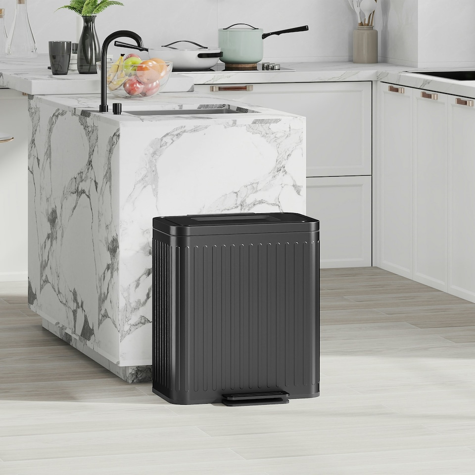 image 1 of HOMCOM 2 x 20L Double Rubbish Bin, Pedal Bin with Soft-Close Lid, Black Green | 40L