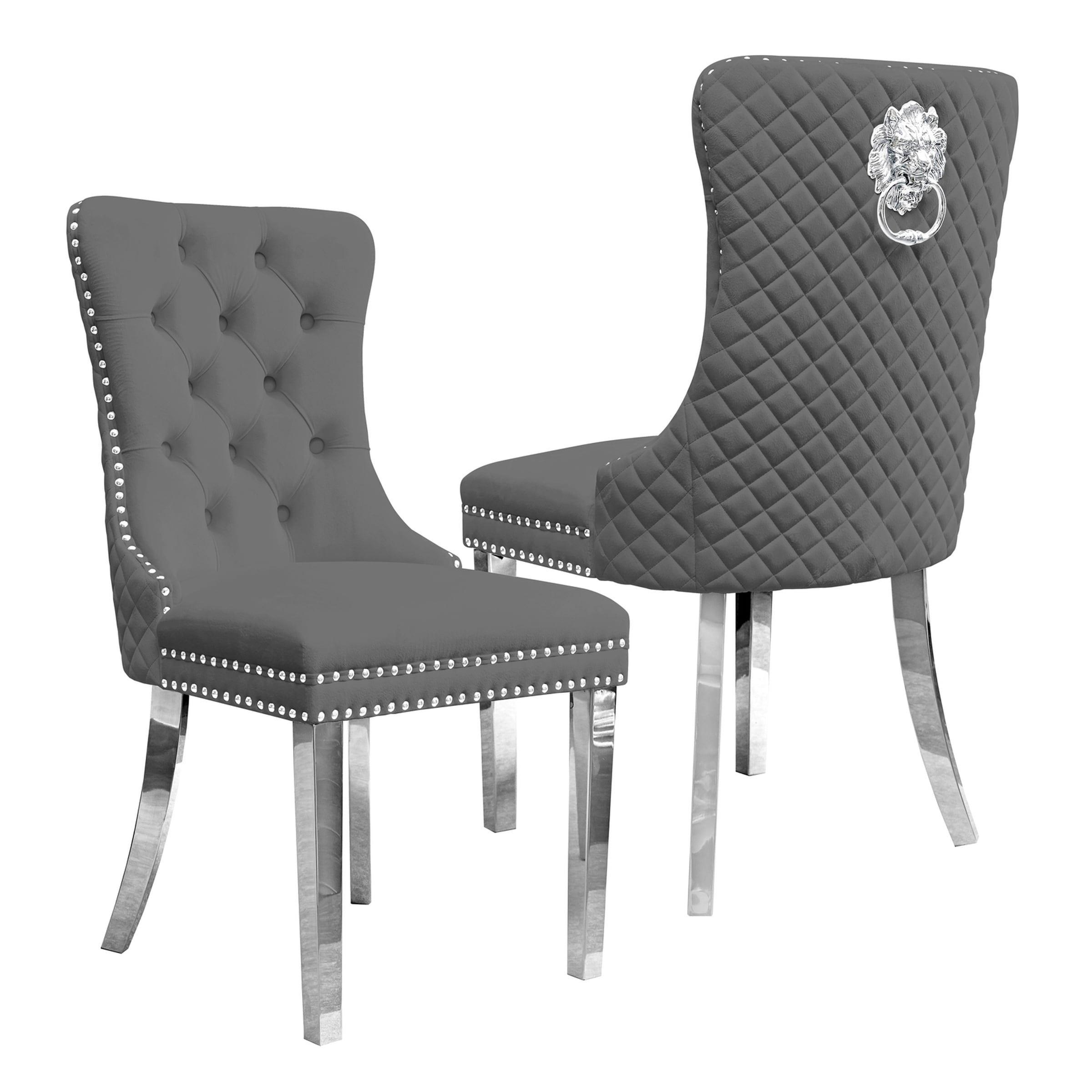 Groundlevel Set Of 2 Plush Velvet Dining Chairs With Lion Head Knocker Luxurious | Grey