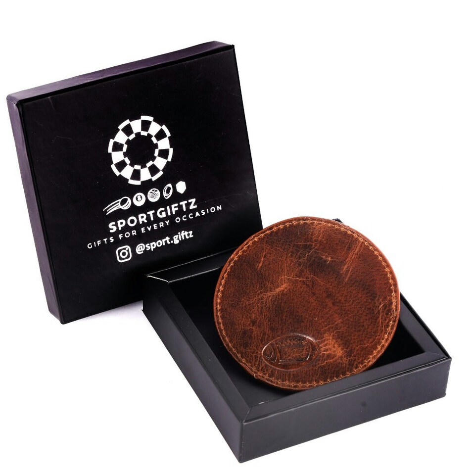 image 1 of SPORTGIFTZ - Buffalo Leather Coaster | Rugby Ball Stitching | Durable and Elegant Design Red