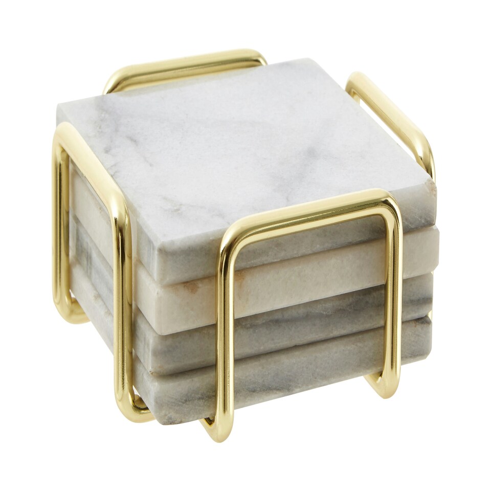 image 1 of Interiors By Premier Set Of Four White Marble Coasters With Brass Finish Holder, Durable Natural Stone Coasters