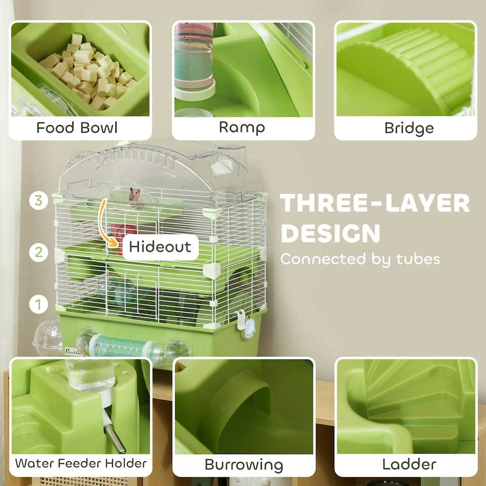 image 1 of PawHut 3-Tier Hamster Cage, Hamster Habitat with Accessories, Green