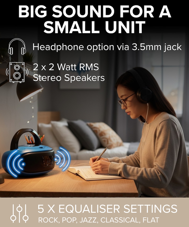 image 1 of Grouptronics Small Portable CD Player For Home With Speakers – Boombox Mains Or Battery Powered, FM Radio, Supports MP3 Audio Books - GTCDR-501