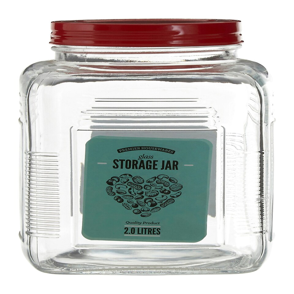 image 1 of Interiors by Premier Luca Assorted Square Clear Glass Large Storage Jar, 2L Capacity, Colourful Screw-On Iron Lid