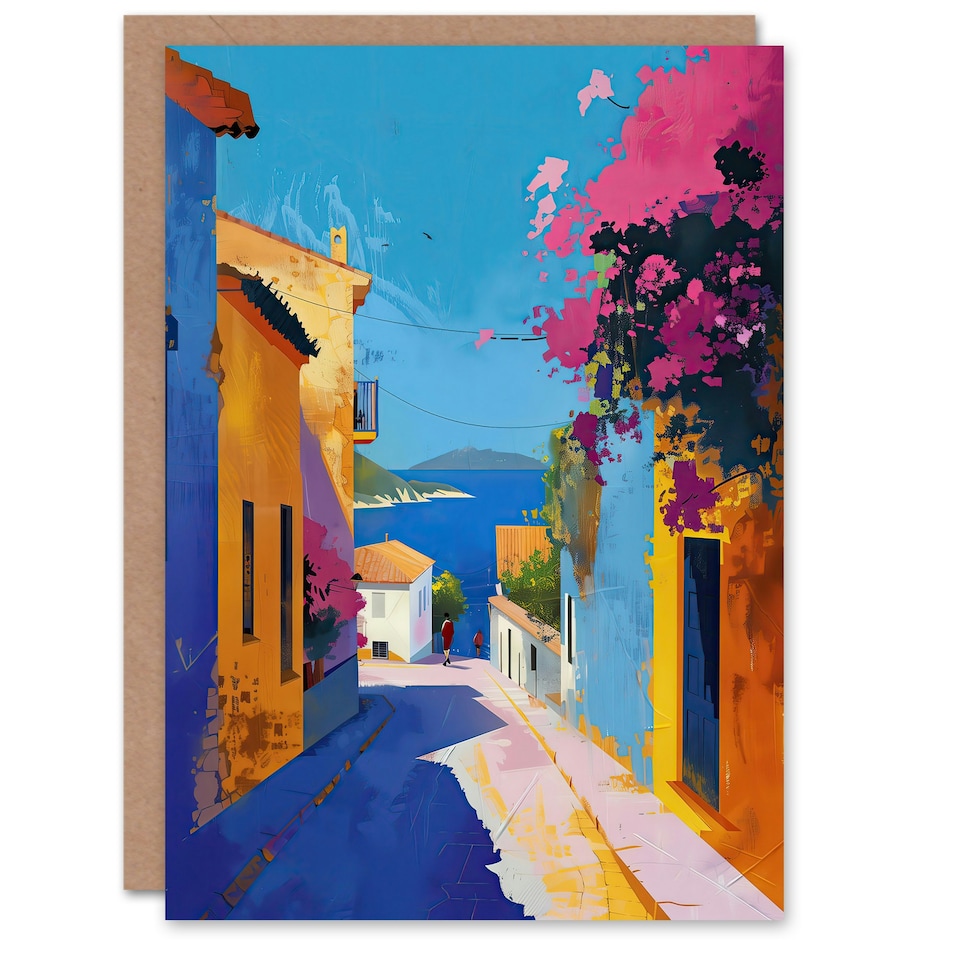 image 1 of Santorini Seaside Coastal Town Colourful Him Her Birthday Card