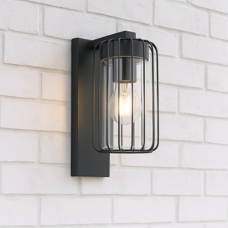 image 1 of CGC ALVIN Black Outdoor Cage Wall Lantern Light with Clear Polycarbonate Diffuser IP54