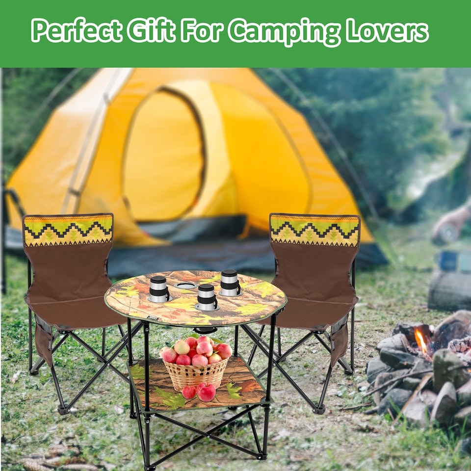 image 1 of 3PC Camping Table & Folding Chair Set Outdoor Fishing Seats with Cup Holders