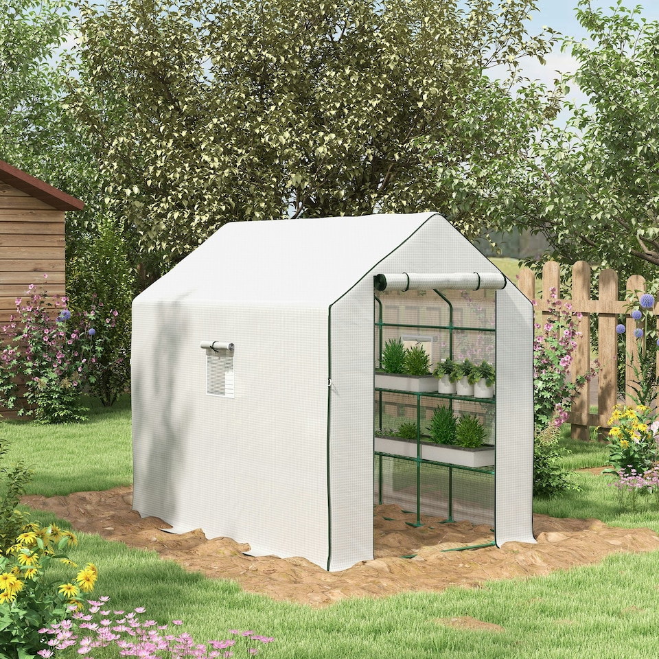 image 1 of Outsunny Walk-in Outdoor Green House with Door and Mesh Windows, White