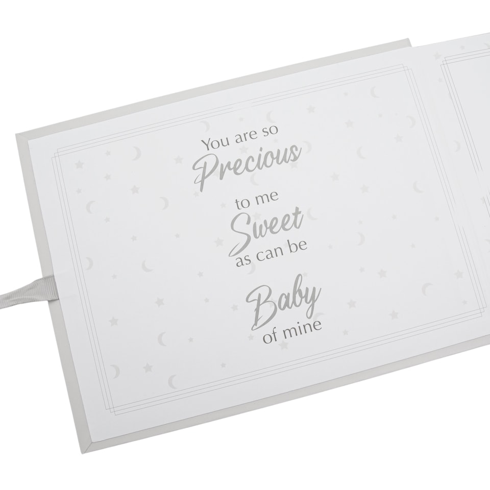 image 1 of Grey Baby Shower Guest Book with Silver Plated Rattle Pram and Booties
