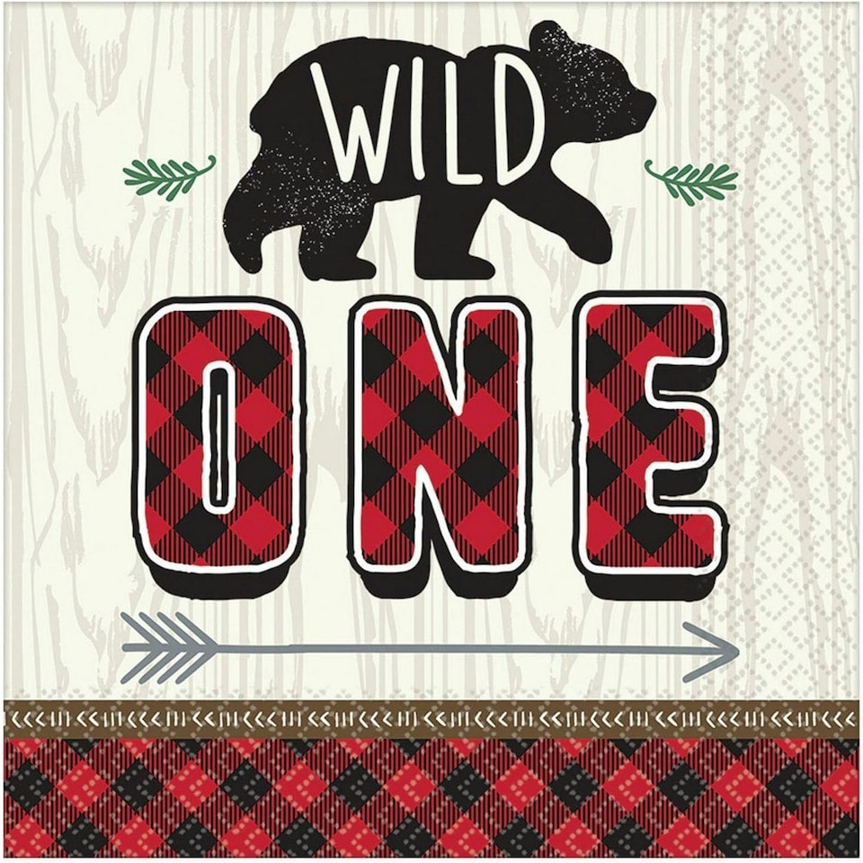 Amscan Wild One Paper Lumberjack Disposable Napkins - White/Black/Red - 13in