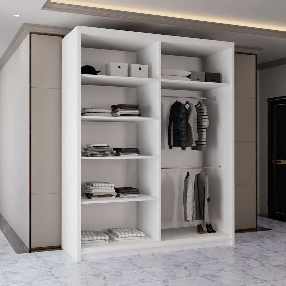 image 1 of Sliding Wardrobes 4U Modern Panelled Mirror Sliding Wardrobe – 120cm to 203cm, White, Black, Grey, Oak | White | White 180cm