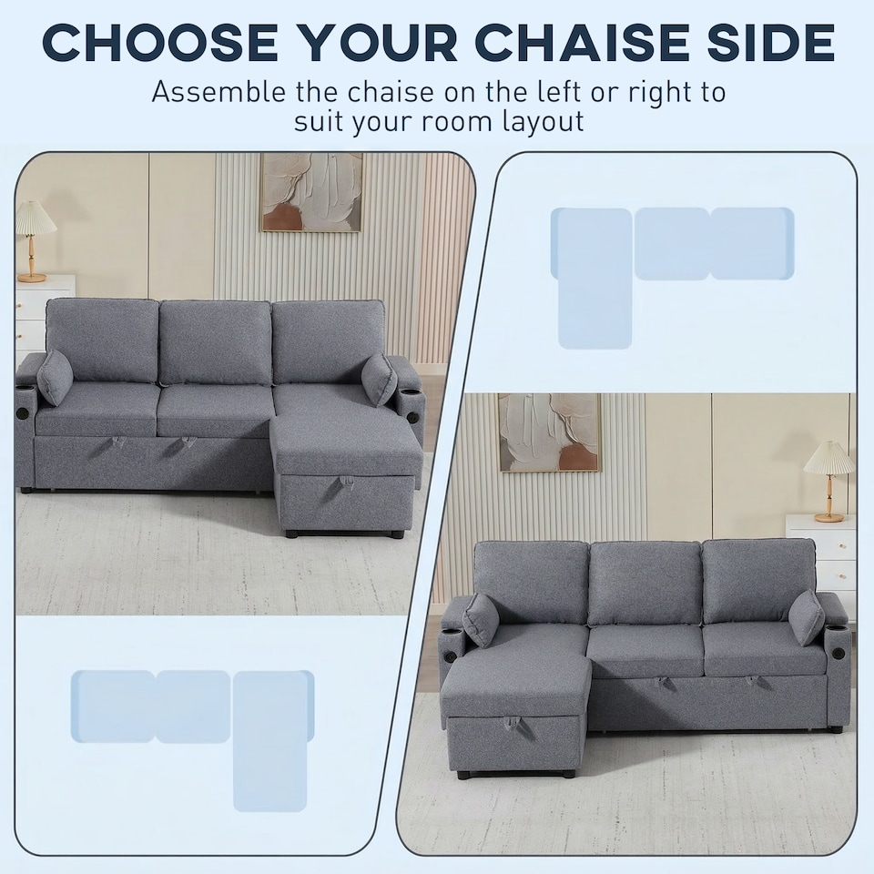 image 1 of HOMCOM Corner Sofa Bed, L Shaped Sofa with Storage Chaise, USB Ports | Grey | Grey | 205W x 136.5D x 85H cm