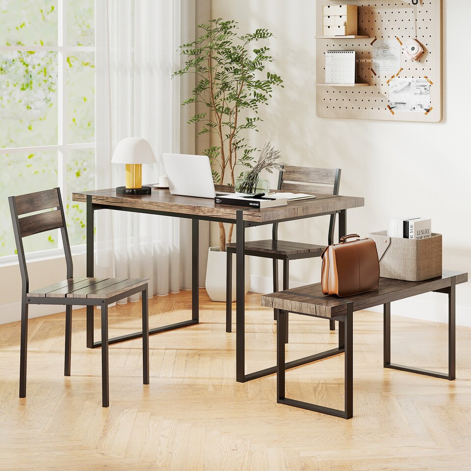 image 1 of COSTWAY 4-Piece Dining Table Set for 4 Wooden Rectangular Kitchen Table-Grey