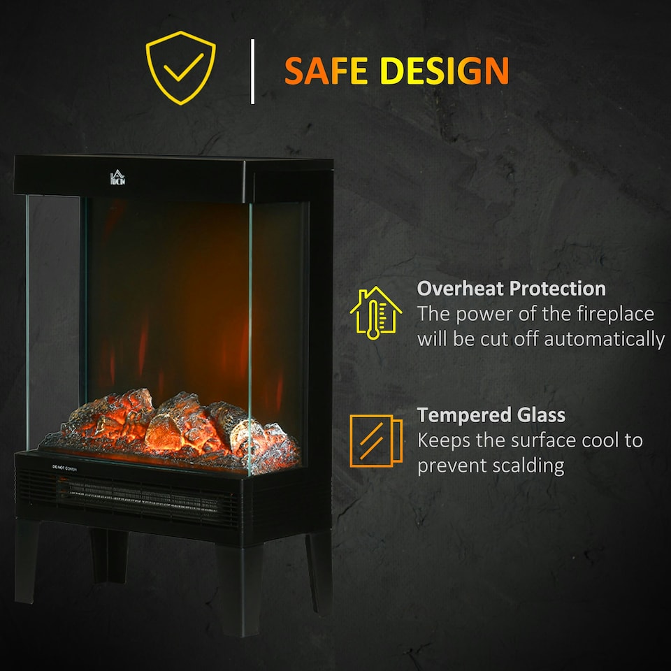 image 1 of HOMCOM 180° Charming Electric Fireplace Heater, Quiet Freestanding Stove, Black
