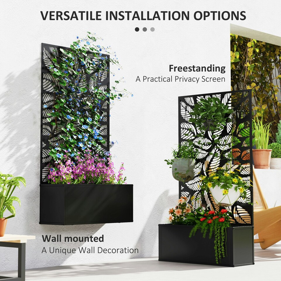 image 1 of Outsunny Metal Raised Garden Bed with Trellis, Elevated Planter Box Black