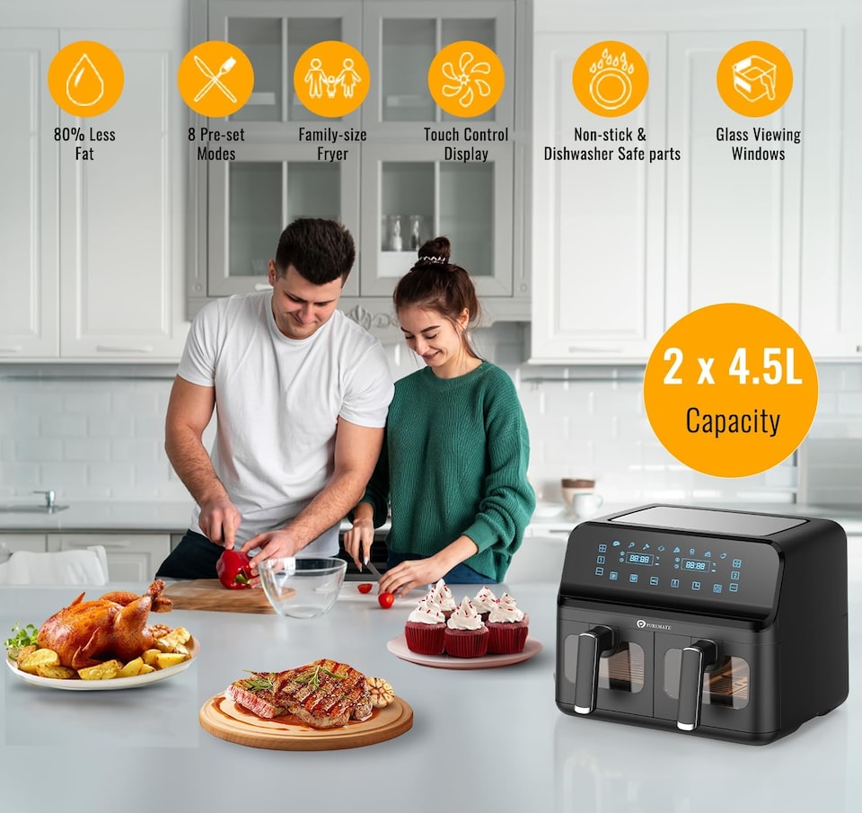 image 1 of PureMate 9 Litre Digital Dual Air Fryer - Black