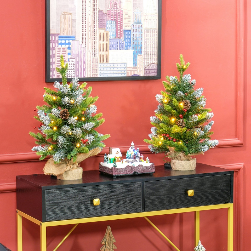 image 1 of HOMCOM 2 Pieces 2' Prelit Artificial Tabletop Christmas Trees, LED Display