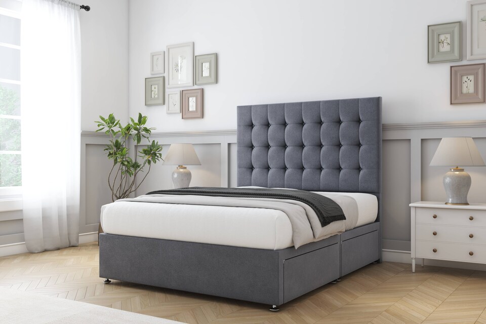 image 1 of Sloomy Alabama Steel Plush Divan Bed Base No Drawers With 26 Inch Strutted Headboard | Grey | Steel | Double | 1