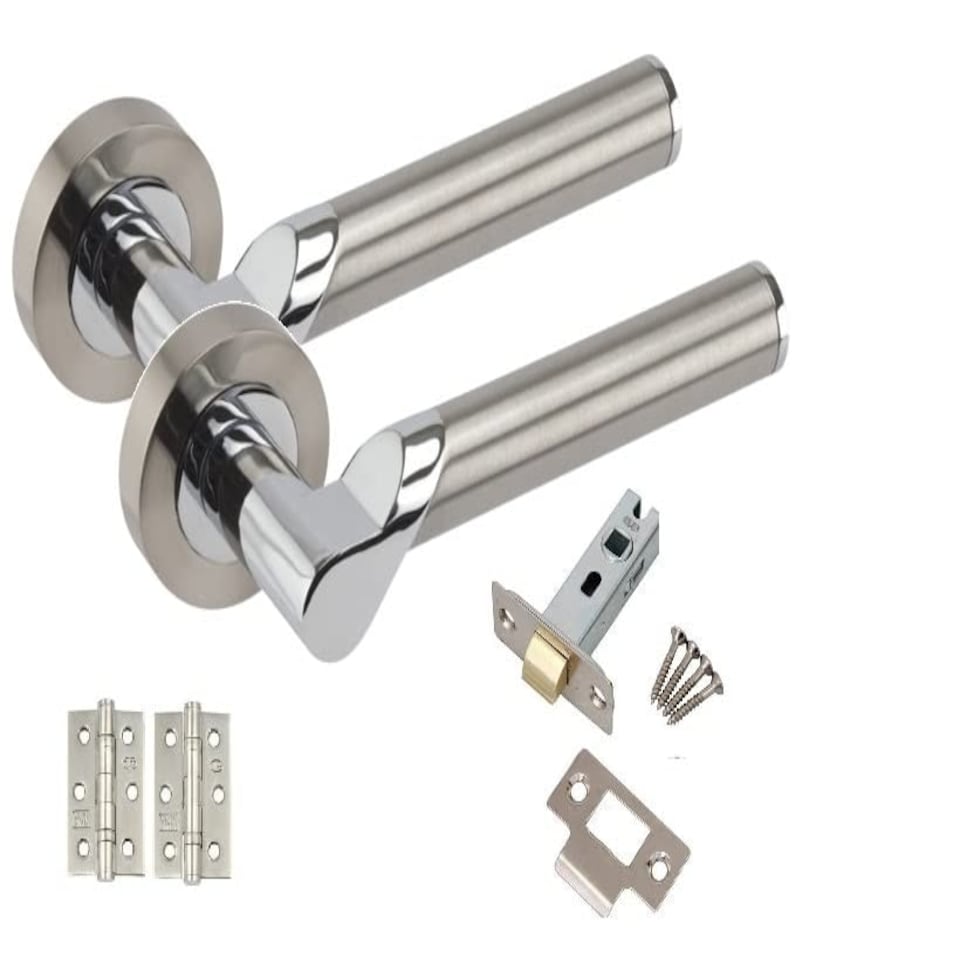 Golden Grace 1 Set Titan Design Modern Bathroom Door Handles Lever Latch on Round Rose in Satin Nickel & Polished Chrome Finish with Pair of Ball Bearing Hinges Grey