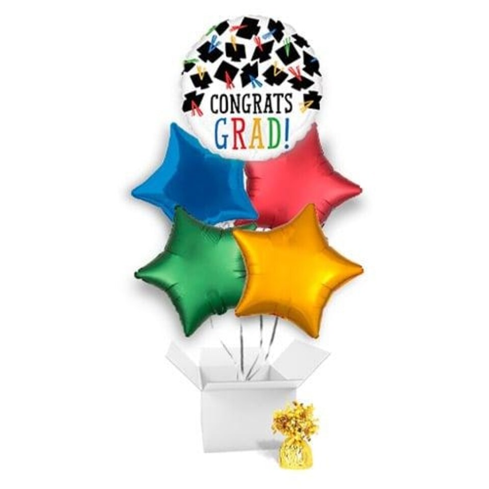 Hats Off Congrats Grad Graduation Round Foil Helium Balloon Bouquet - 5 Inflated Balloons In A Box Multi