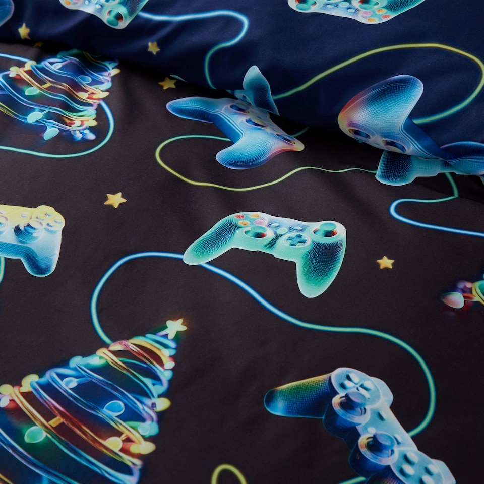 image 1 of Catherine Lansfield Christmas Gamer So Soft Reversible Duvet Cover Set Navy Blue | Blue | Navy Blue | Single