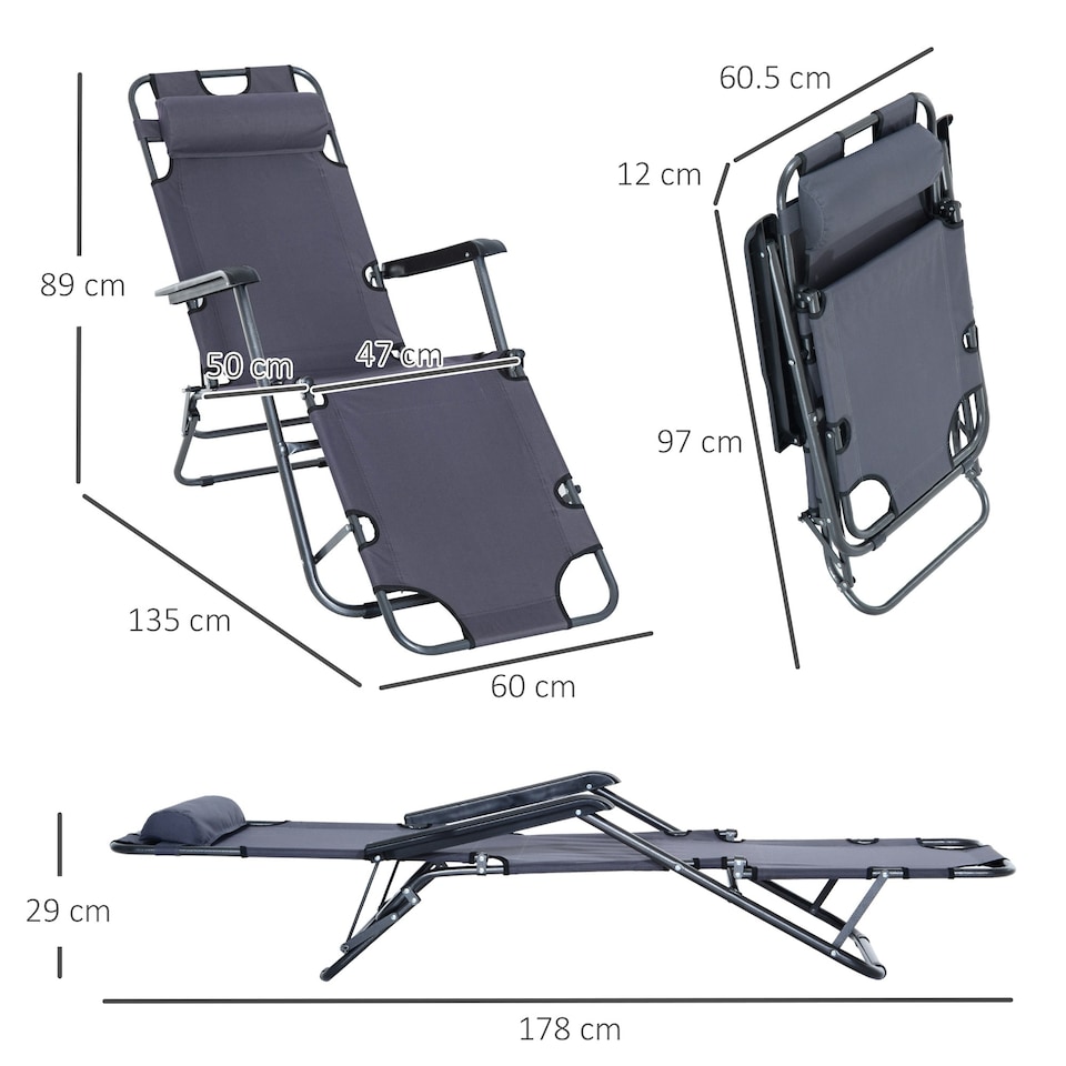 image 1 of Outsunny 2 in 1 Outdoor Folding Sun Lounger with Adjustable Back Grey