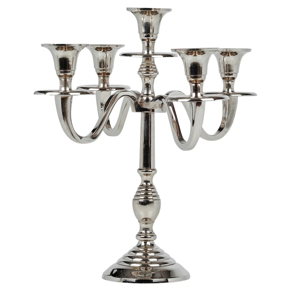 image 1 of 5 Arm Metal Candle Holder Stand Vintage Candelabra Centrepiece Home Decor 30cm | Silver | Silver | 1