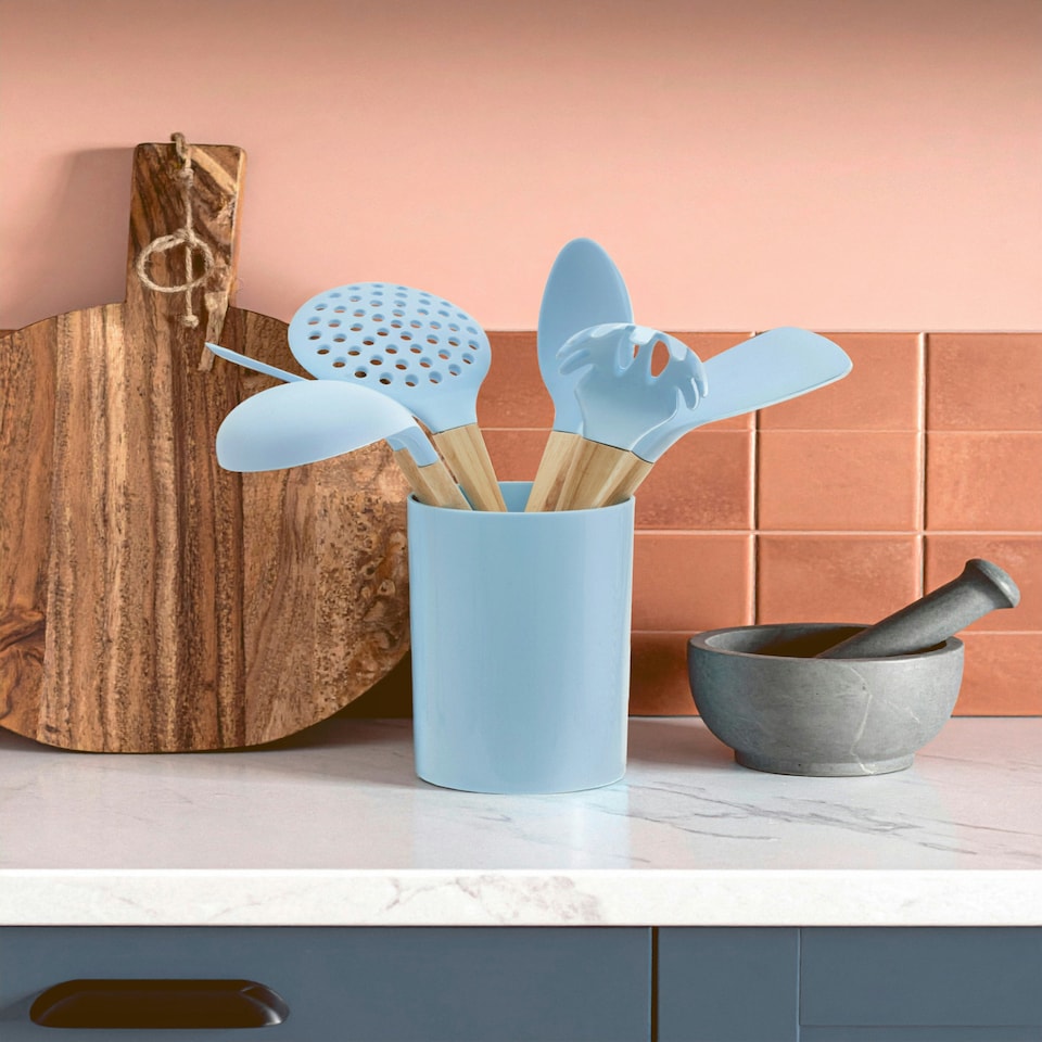 image 1 of Interiors By Premier 7-Piece Pastel Blue Utensil Set with Holder,Silicone Utensils With Wooden Handles,7 Piece Kitchen Tool Set