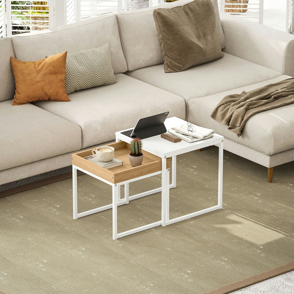 image 1 of HOMCOM Modern Coffee Table Set Square Nest of Tables for Small Space White