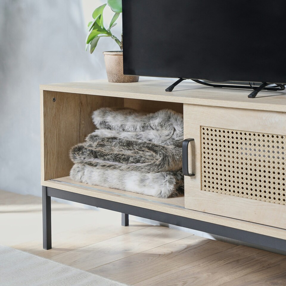 image 1 of Spinningfield Wood Effect Rattan TV Unit For TV's up to 55" | Brown | 1