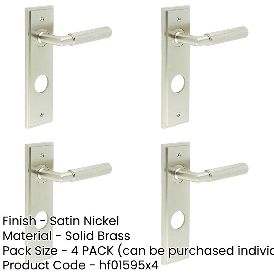 image 1 of 4 PACK Satin Nickel Door Handle with Backplate for Bathrooms - Solid Brass Interior Handle