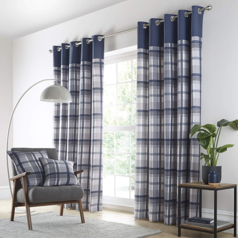 Portfolio Home Orleans Tartan Check Blue 90 x 90 Inches Fully Lined Eyelet Curtains | Blue