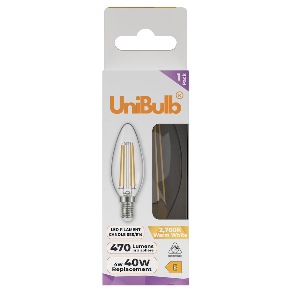 image 1 of UniBulb LED Filament Candle E14 Small Edison Screw (SES) 470lm 4W (Replaces 40W) 2700K (Warm White) Light Bulb - Pack of 1 | White | Warm White | 1