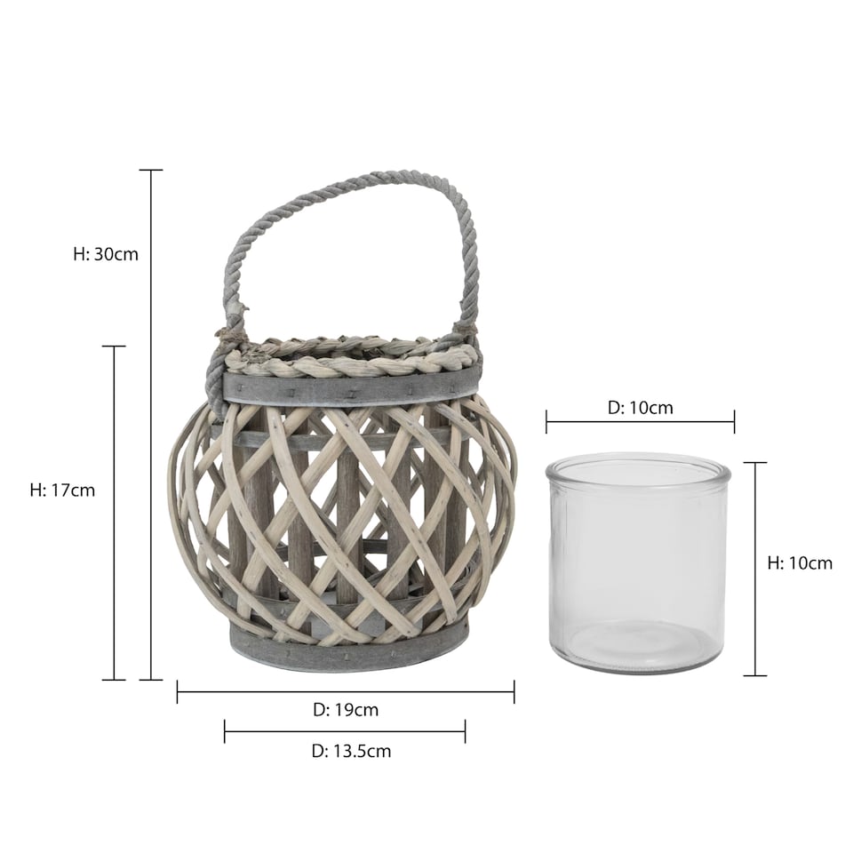 image 1 of JVL Luna Natural Round Willow Wood Lantern With Braided Rope Handle, Grey Wash