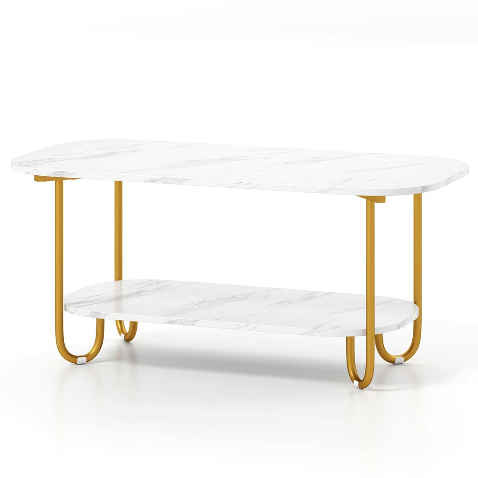 image 1 of COSTWAY Faux Marble Top Coffee Table 2-tier Tea Table White