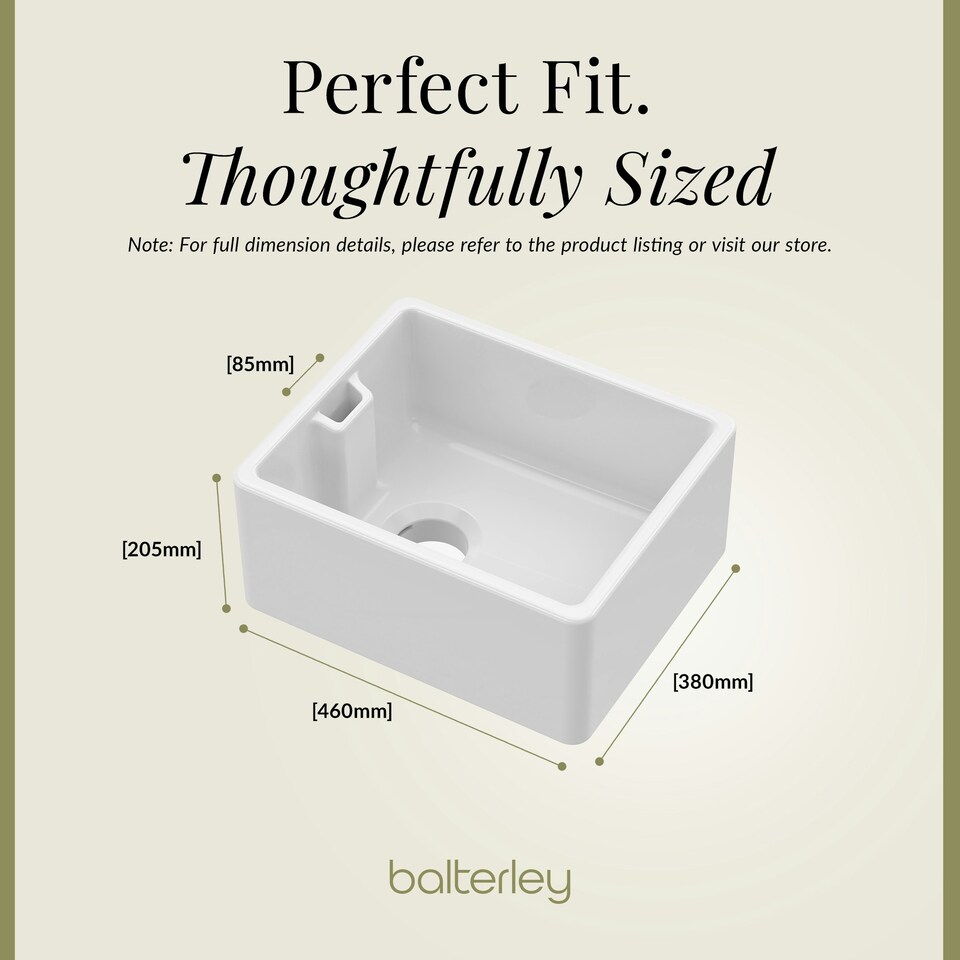 image 1 of Single Bowl Fireclay Compact Belfast Kitchen Sink & Basket Strainer Waste - 460mm