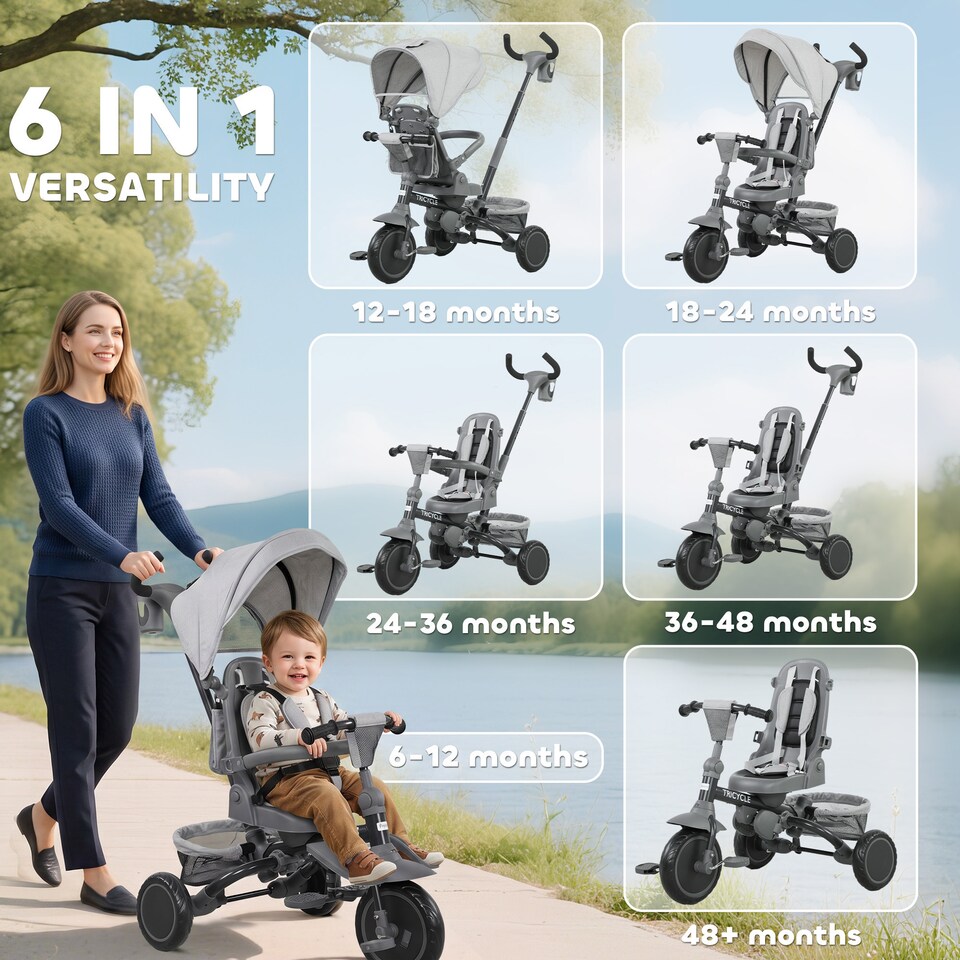 image 1 of AIYAPLAY 6 in 1 Kids Trike, Toddler Tricycle with Parent Handle, Grey