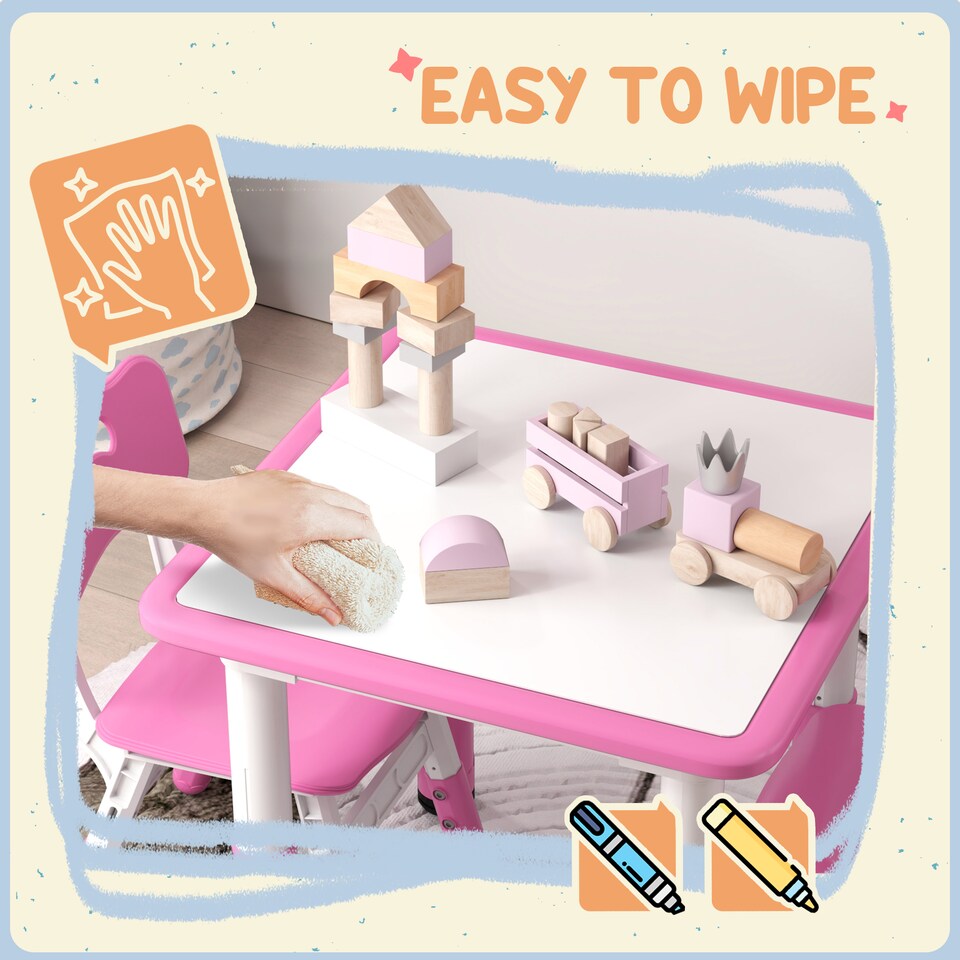 image 1 of AIYAPLAY 3-Piece Adjustable Kids Table and Chair Set for Playroom - Pink