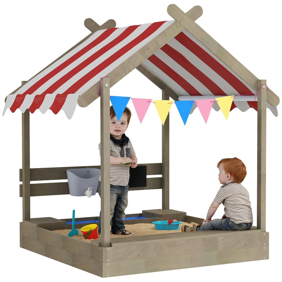 image 1 of Outsunny Sand Pit with Canopy, Blackboard, Toys, Sink, Seats, Flags for Kids
