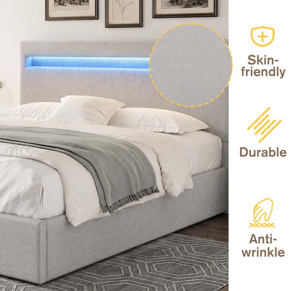 image 1 of 4ft6 Double Modern Gas Lift Ottoman Bed Frame with LED In Light Grey