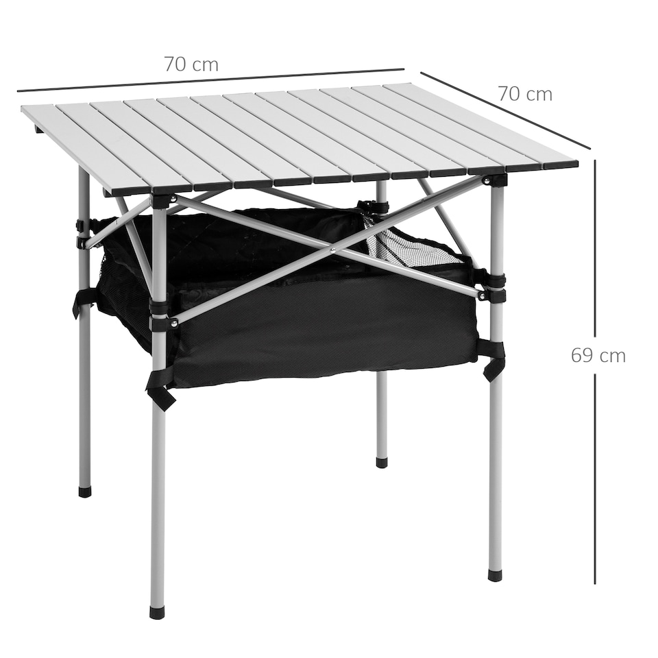 image 1 of Outsunny 70cm Aluminum Roll Top Table w Mesh Bag Camping Outdoor Dining Foldable w Steel Frame Picnic Lightweight Hiking Furniture Desk, Silver