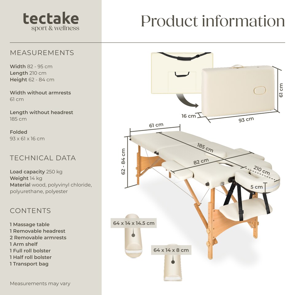 image 1 of Massage Table - 2-zones with wooden frame, bolsters, carry bag, head and armrests | Cream | beige | 1