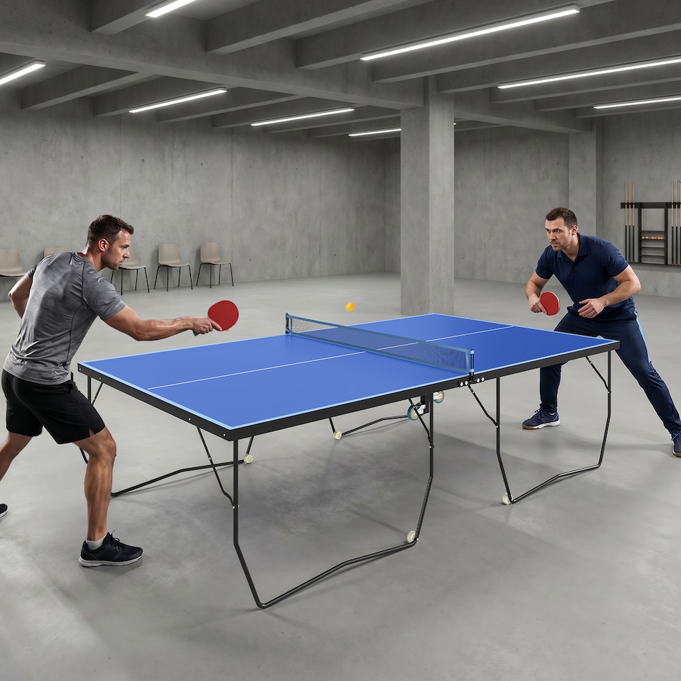 image 1 of SPORTNOW 9FT Folding Table Tennis Table w/ 8 Wheels for Indoors, Blue