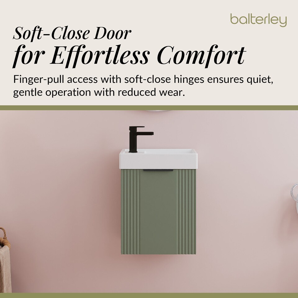 image 1 of Balterley Wall Hung Cloakroom Vanity Basin Unit with Handle Compact Bathroom Storage | Green | Satin Green | 438 x 400 x 222mm | 1