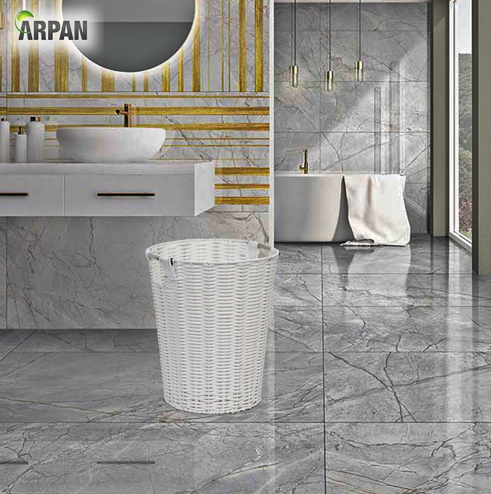image 1 of White Resin Round Waste Paper Bin – Strong Woven Storage Basket Rubbish Bin for Home, Office, Hotel, Bedroom & Bathroom