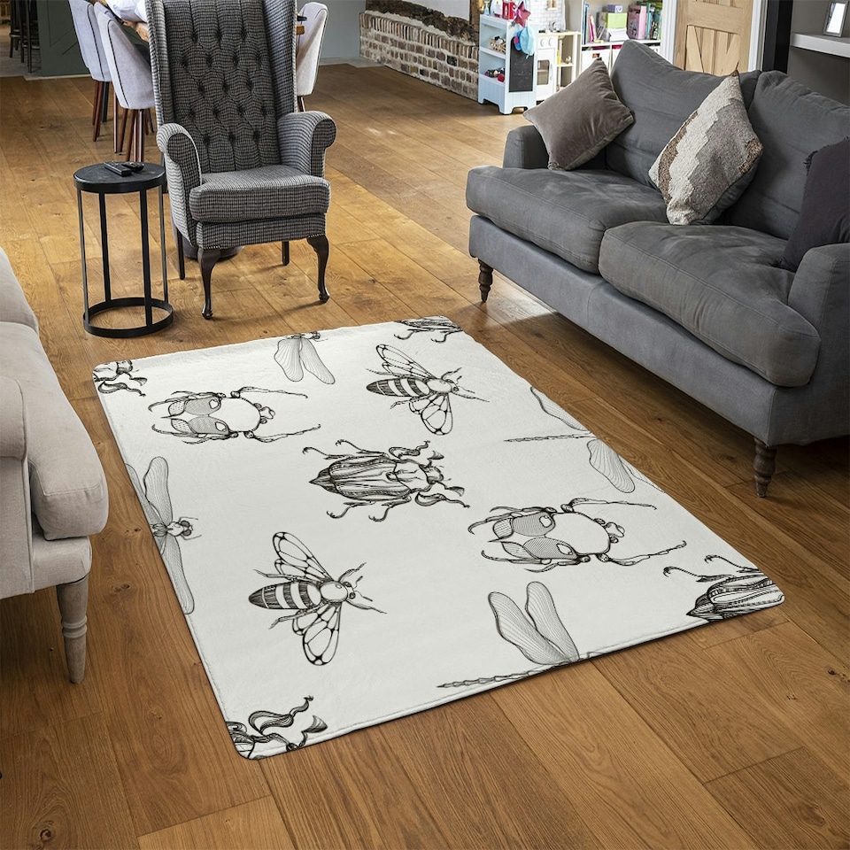 image 1 of Sketch of Scarab Beetle, May bug, Bee and Dragonfly (Rug) White | Small: 60x110cm