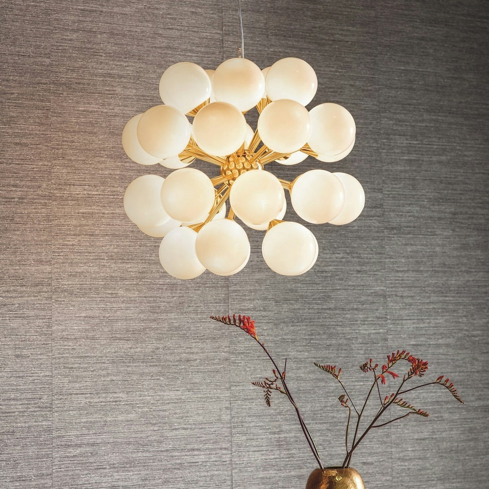 image 1 of Oscar Globe Pendant Satin Brushed Gold Effect Plate & Gloss White Glass 28 Light Dimmable IP20 - G9