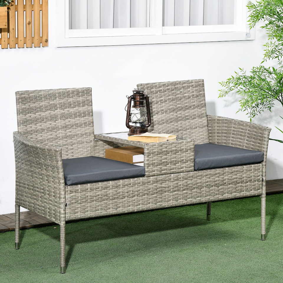 image 1 of Outsunny 2 Seat Rattan Garden Bench, Patio Wicker Chair with Glass Tea Table, Outdoor Love Seat with Padded Cushions, for Garden, Porch, Mixed Grey/Grey