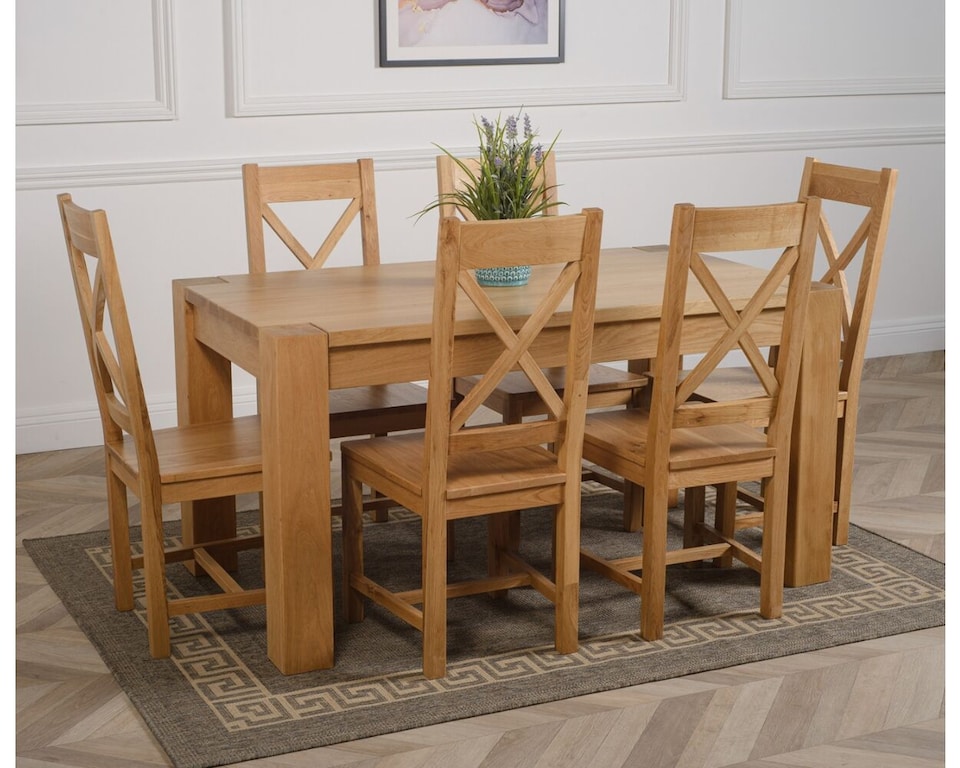 image 1 of Kuba 150 x 85 cm Chunky Medium Oak Dining Table and 6 Berkeley Chairs | Brown | Brown