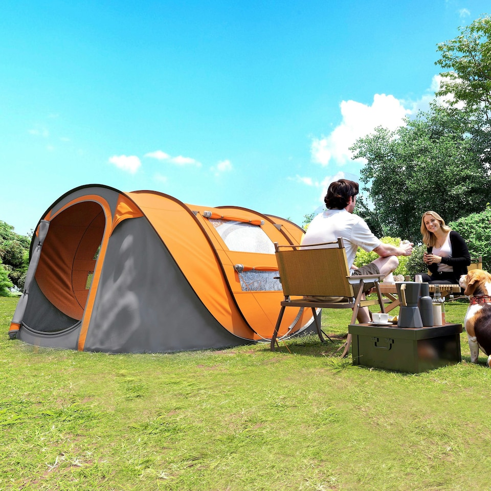 image 1 of Outsunny Camping Tent Dome Pop-up Tent with Windows for 4-5 Person Dark Green