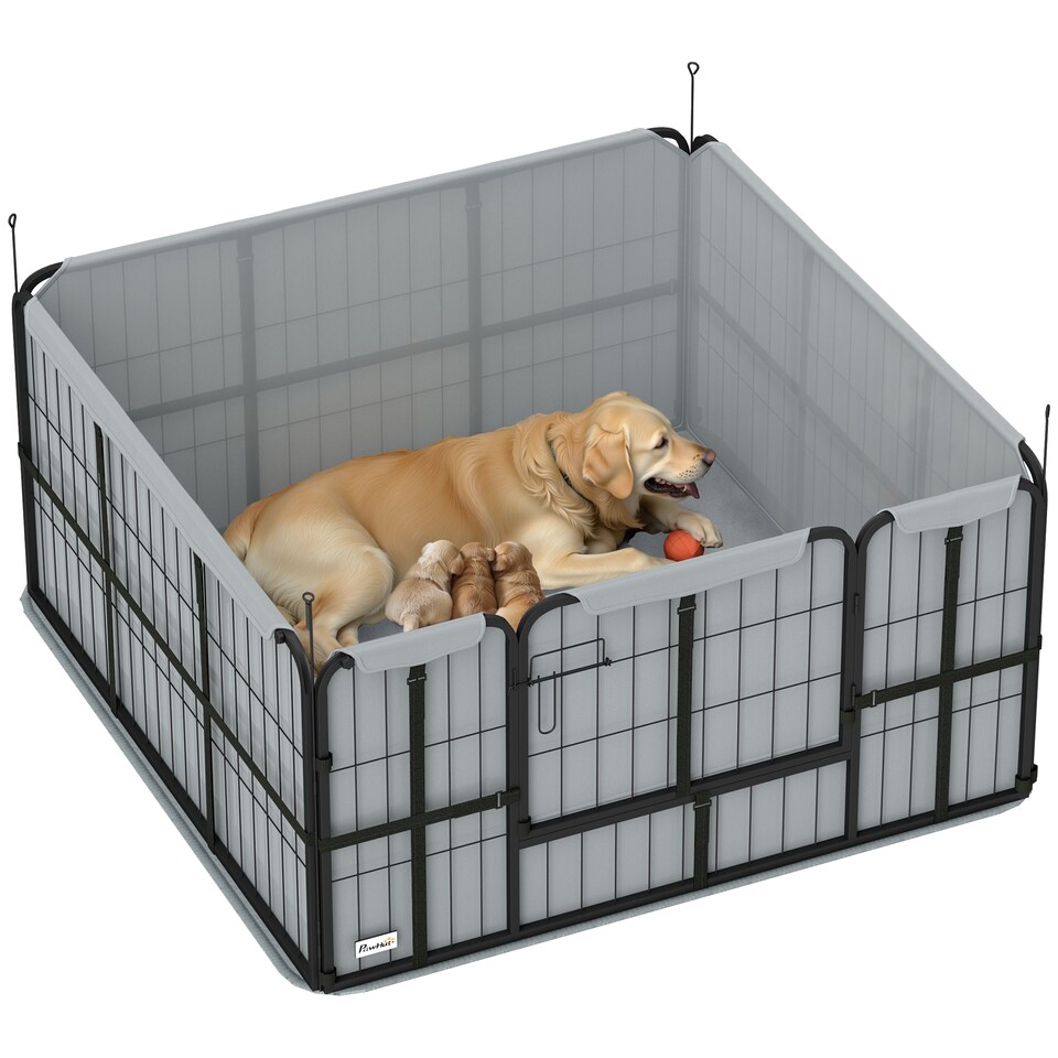 image 1 of PawHut Whelping Box for Dogs and Puppies, 4 Panel Whelping Pen with Washable Whelping Pad, Wind-Resistant Cloth, Lockable Door, Dog Playpen for Small and Medium Breeds, 122 x 122 x 60cm